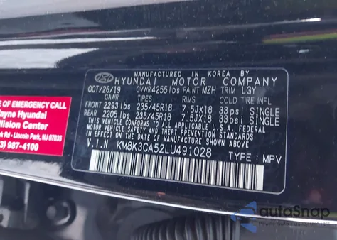 2020 Hyundai Kona Limited from USA, damaged, VIN KM8K3CA52LU491028